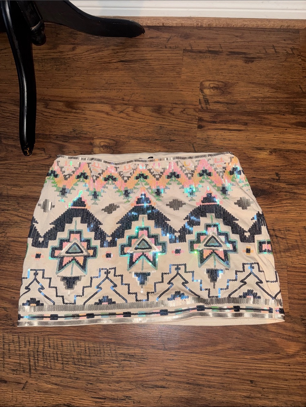Express White Mini Skirt with Black, Pink and Teal Sequin Aztec Detail 17.1T